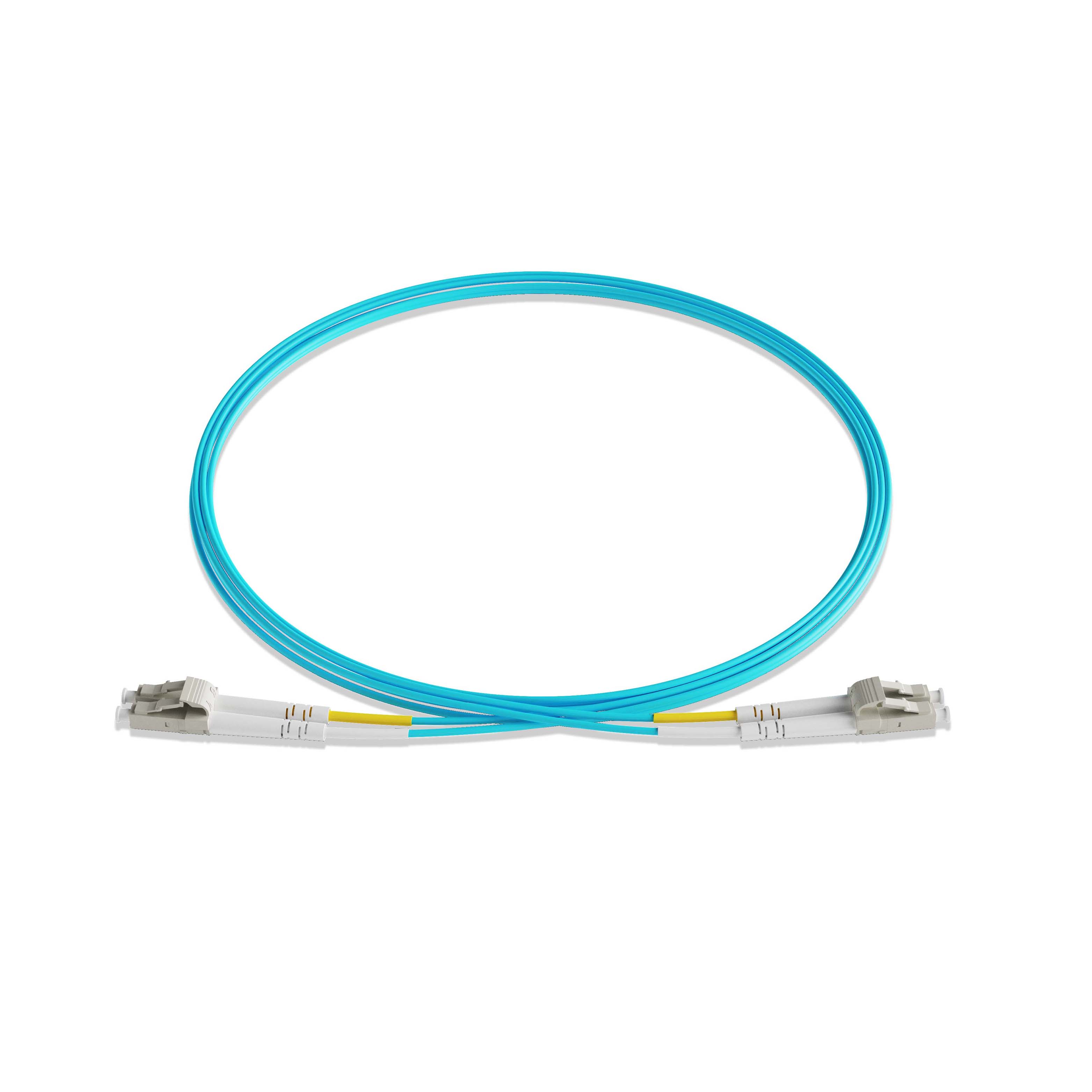 1m 3ft Fiber Patch Cable 2 Fibers LC UPC Duplex to LC UPC Duplex  Multimode OM4 Riser OFNR  2.0mm Aqua