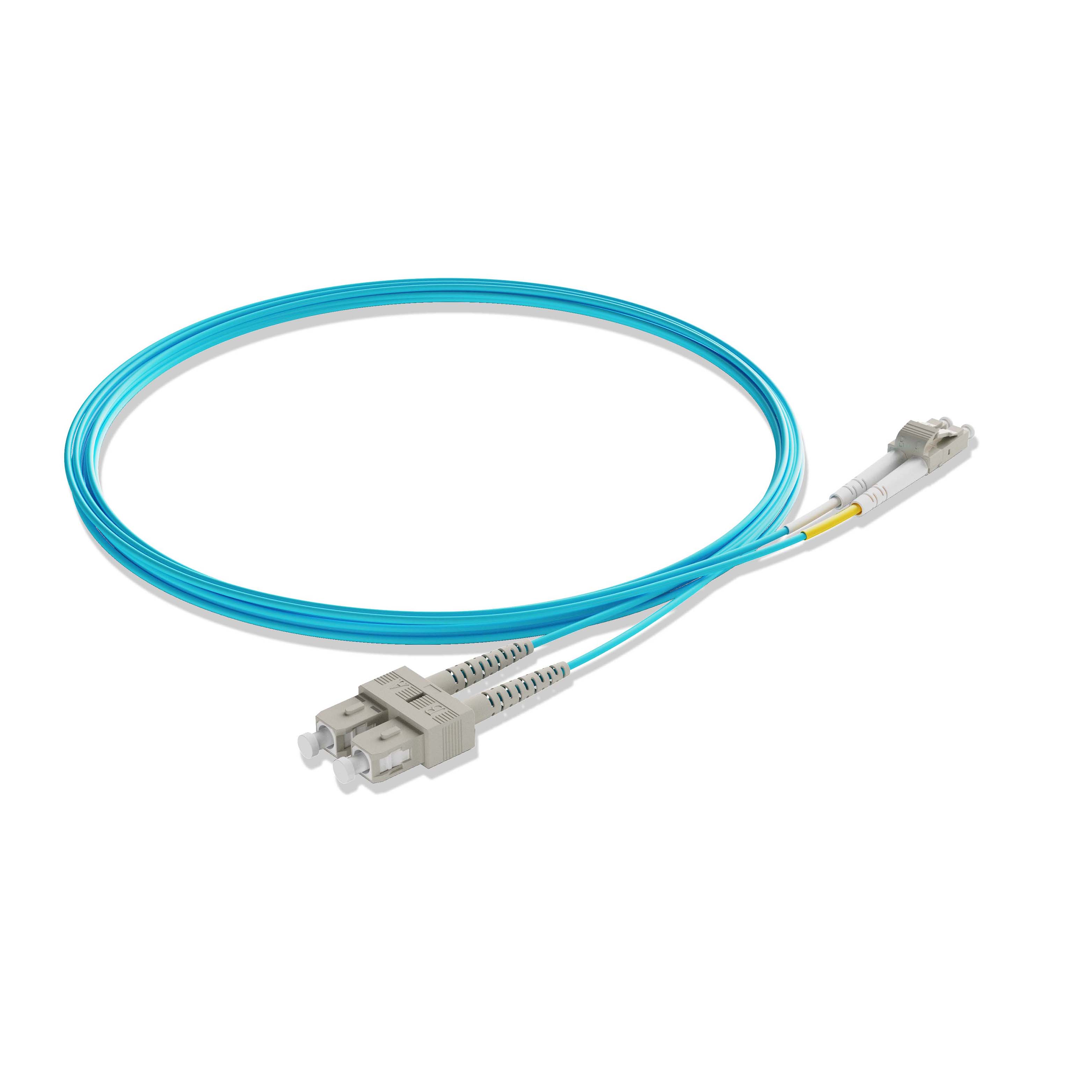 1m 3ft Fiber Patch Cable 2 Fibers LC UPC Duplex to SC UPC Duplex  Multimode OM3 Riser OFNR  2.0mm Aqua