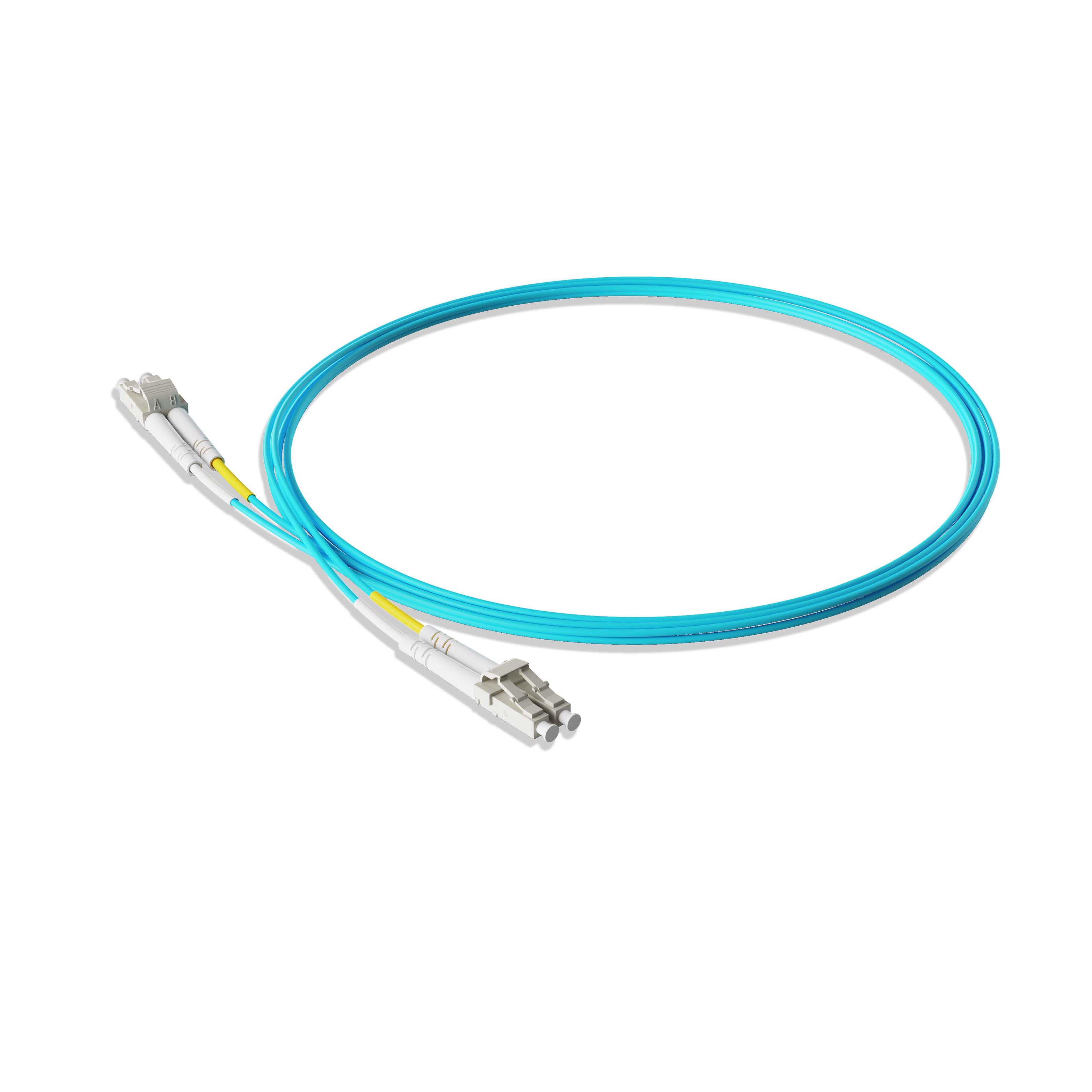 1m 3ft Fiber Patch Cable 2 Fibers LC UPC Duplex to LC UPC Duplex  Multimode OM4 Riser OFNR  2.0mm Aqua