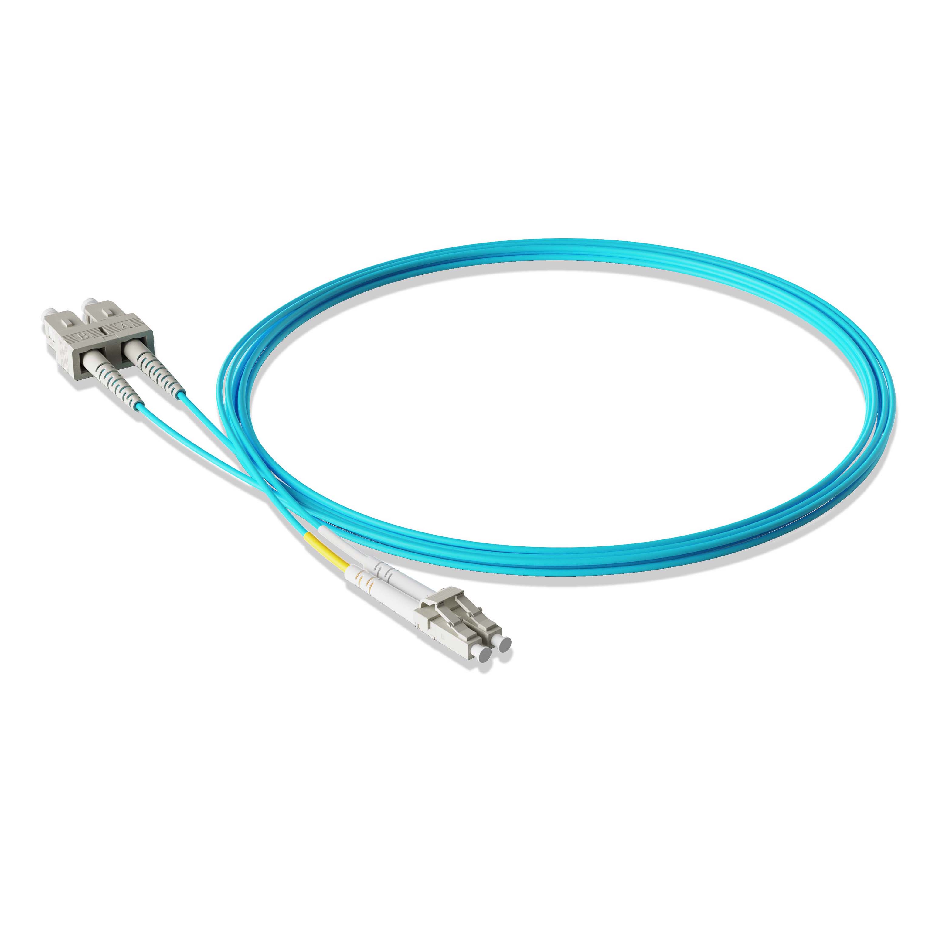 1m 3ft Fiber Patch Cable 2 Fibers LC UPC Duplex to SC UPC Duplex  Multimode OM4 Riser OFNR  2.0mm Aqua