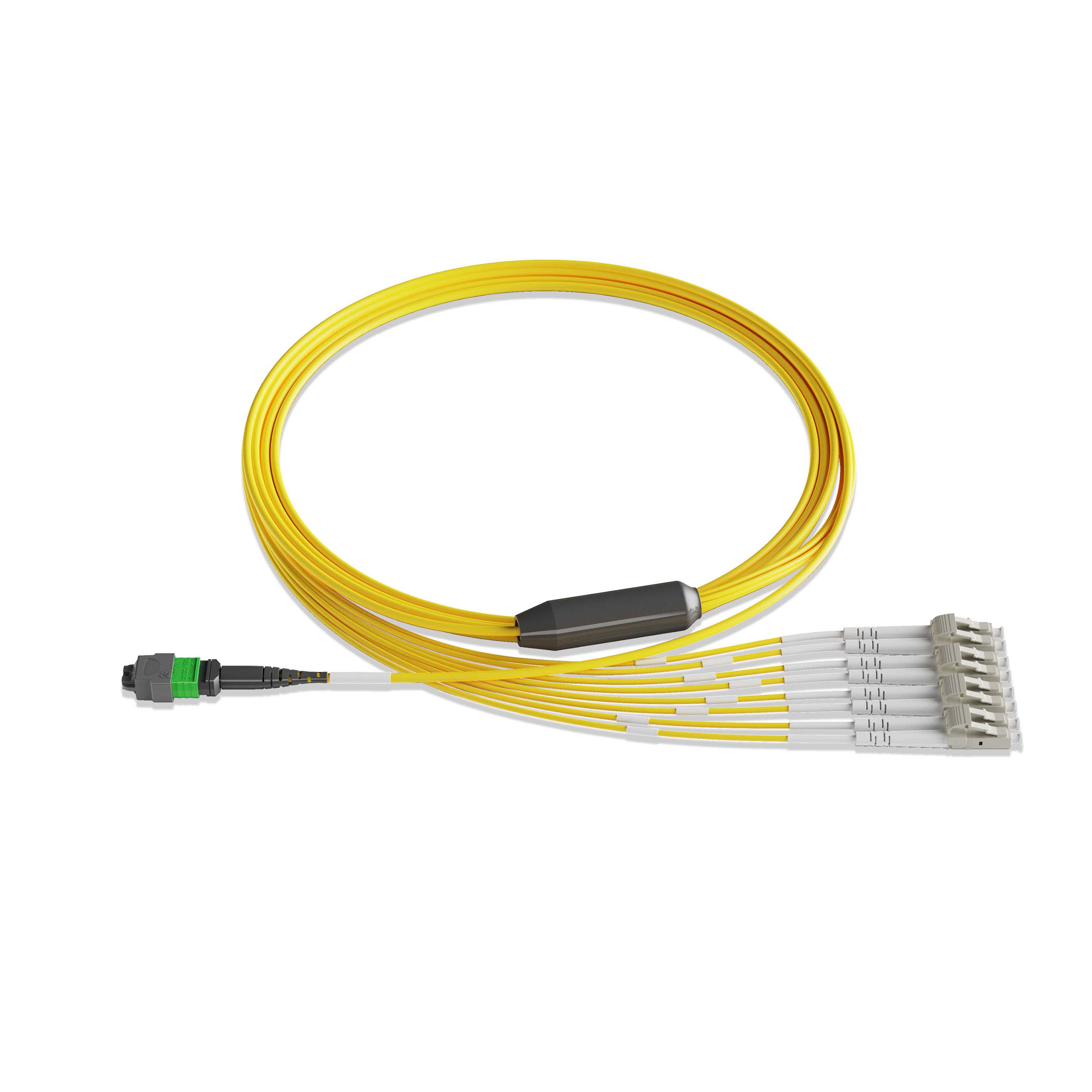 1m 3ft MTP Breakout Harness 8 Fibers MTP-8 APC Female to 4xLC UPC Duplex Singlemode OS2 Plenum OFNP 0.35dB Max Type B Yellow