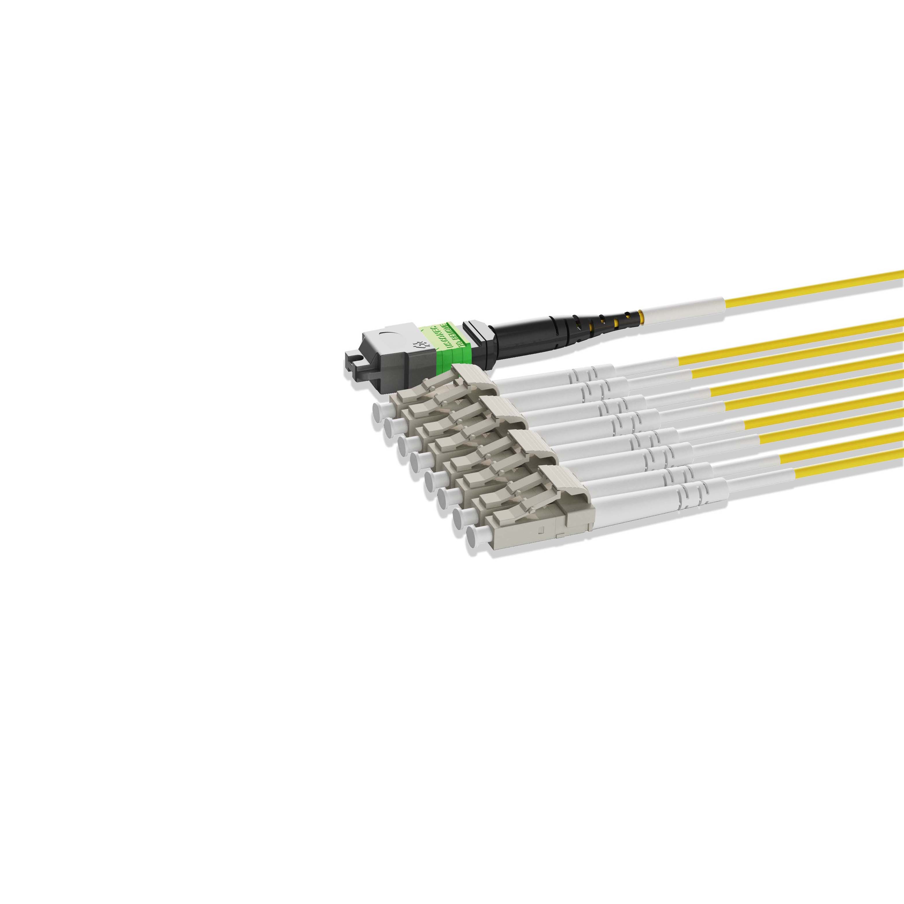 1m 3ft MPO Breakout Harness 8 Fibers MPO-8 APC Female to 4xLC UPC Duplex Singlemode OS2 Plenum OFNP 0.35dB Max Type B Yellow