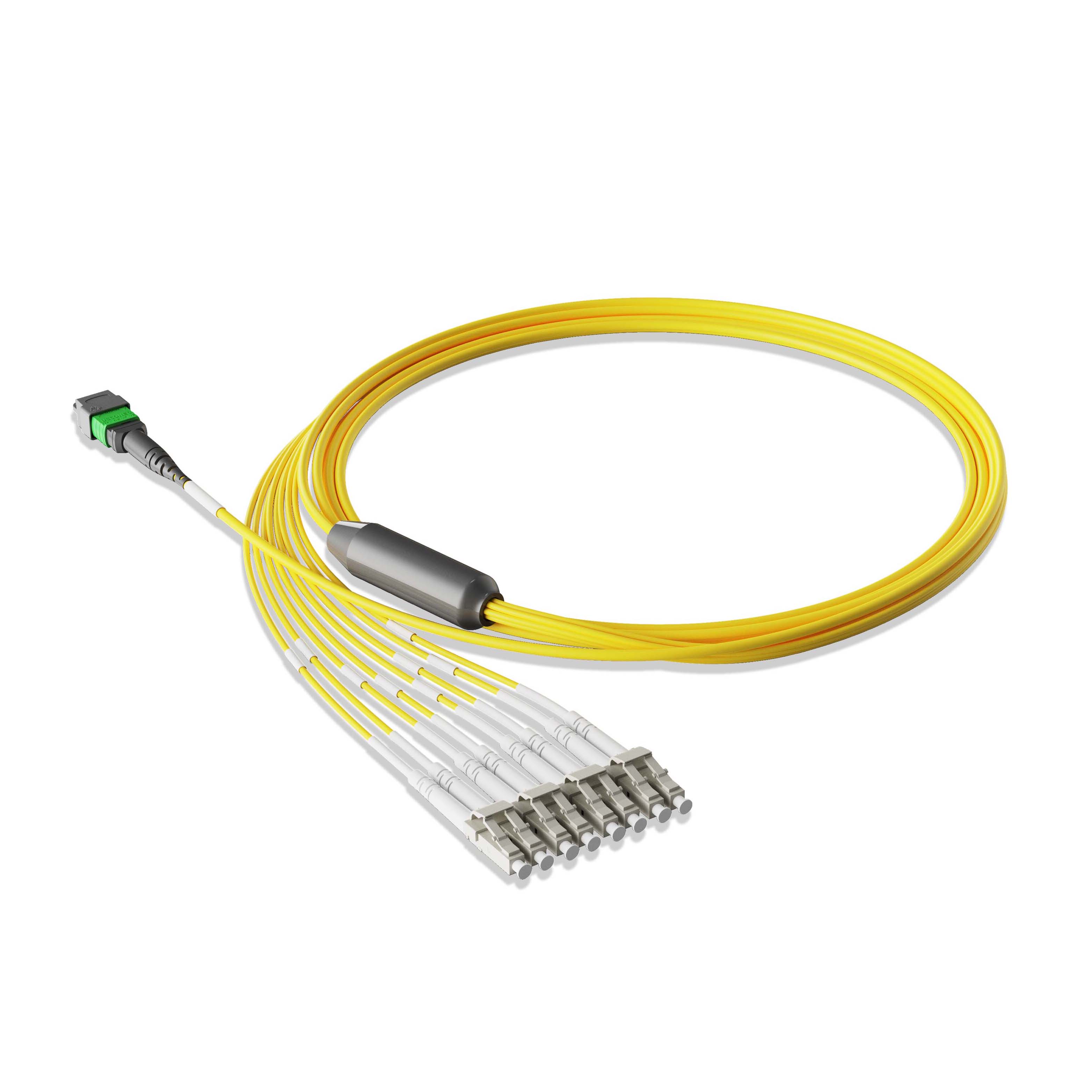 1m 3ft MPO Breakout Harness 8 Fibers MPO-8 APC Female to 4xLC UPC Duplex Singlemode OS2 Plenum OFNP 0.35dB Max Type B Yellow