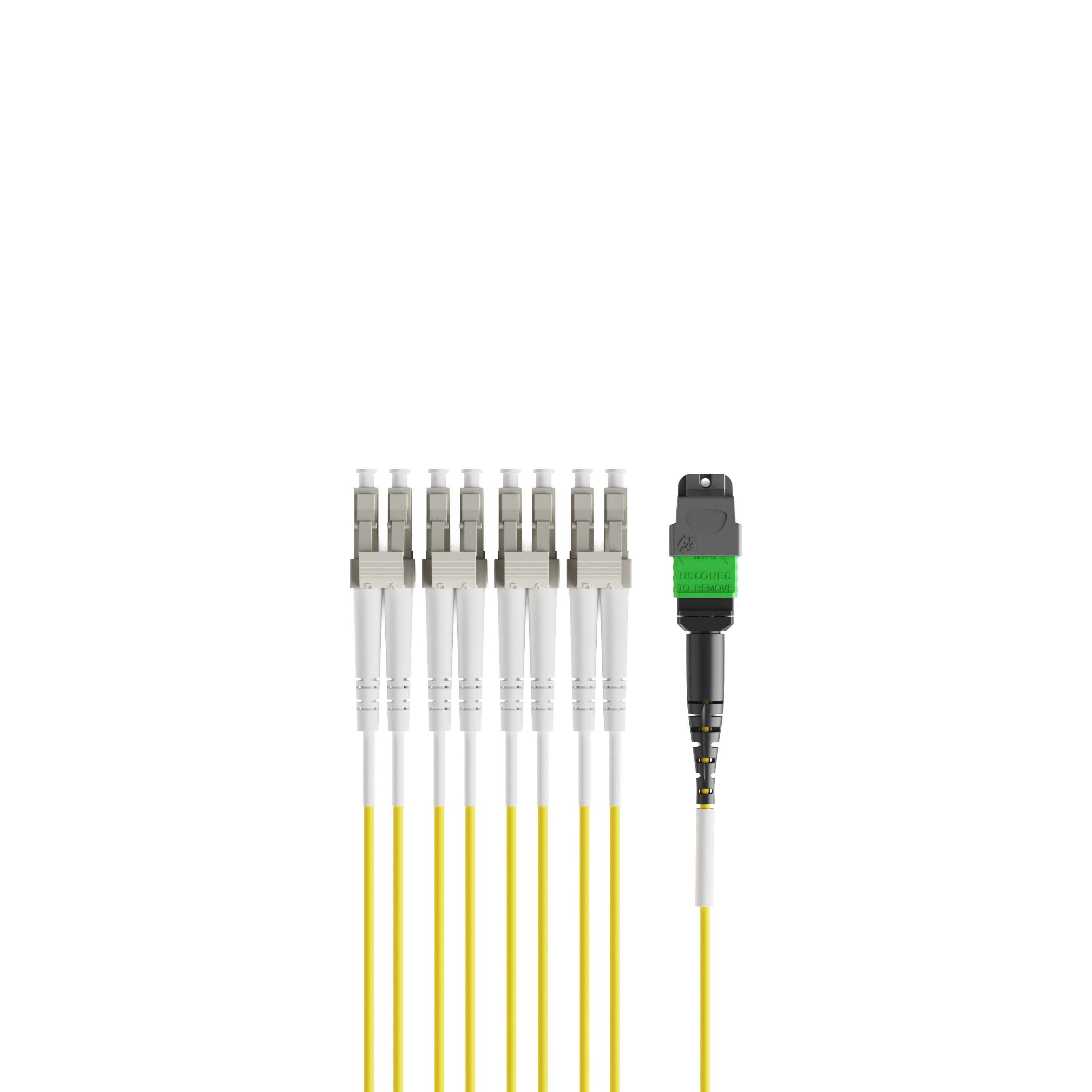 1m 3ft MPO Breakout Harness 8 Fibers MPO-8 APC Female to 4xLC UPC Duplex Singlemode OS2 Plenum OFNP 0.35dB Max Type B Yellow