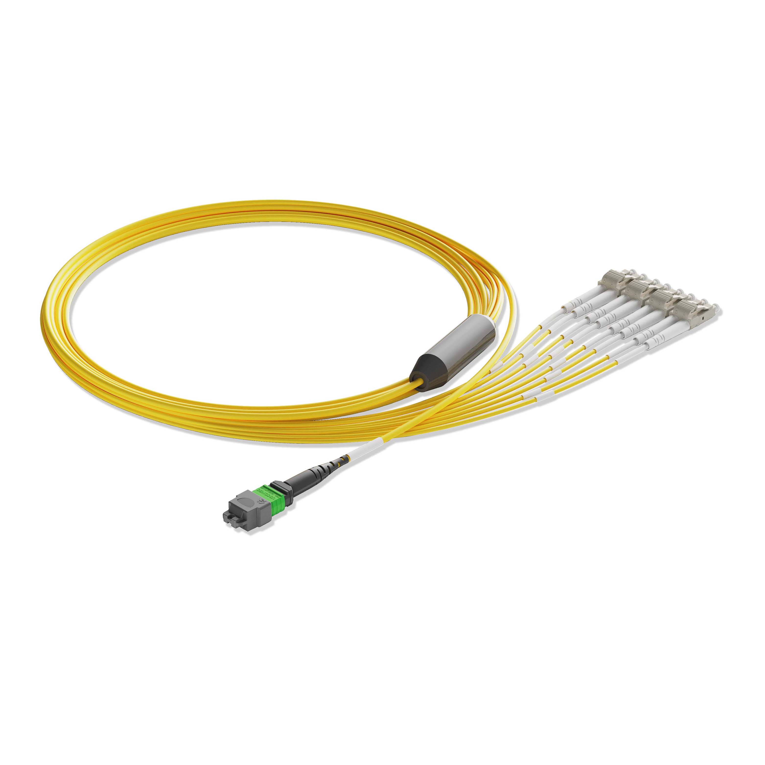 1m 3ft MTP Breakout Harness 8 Fibers MTP-8 APC Female to 4xLC UPC Duplex Singlemode OS2 Plenum OFNP 0.35dB Max Type B Yellow