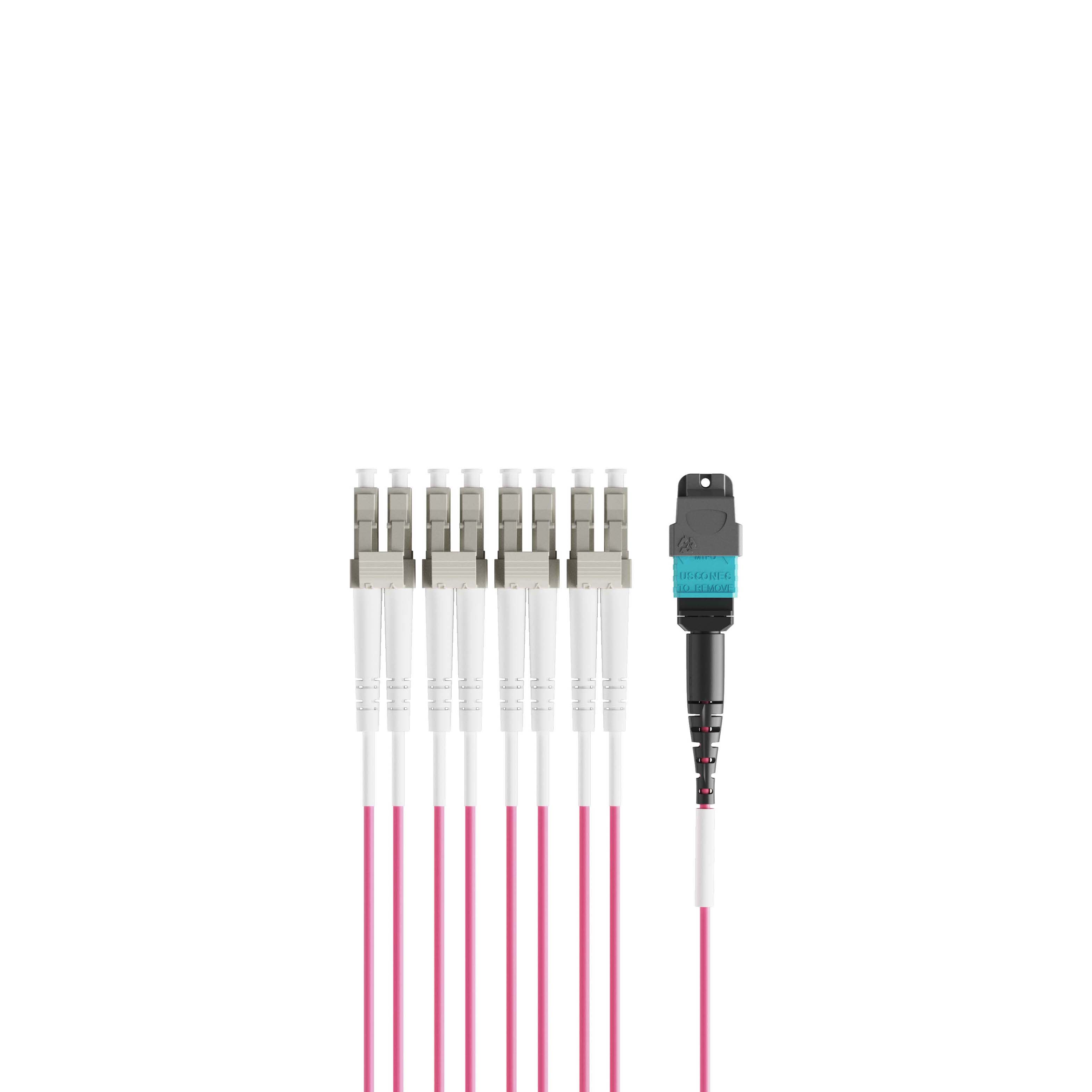 1m 3ft MPO Breakout Harness 8 Fibers MPO-8 UPC Female to 4xLC UPC Duplex Multimode OM4 Plenum OFNP 0.35dB Max Type B Magenta