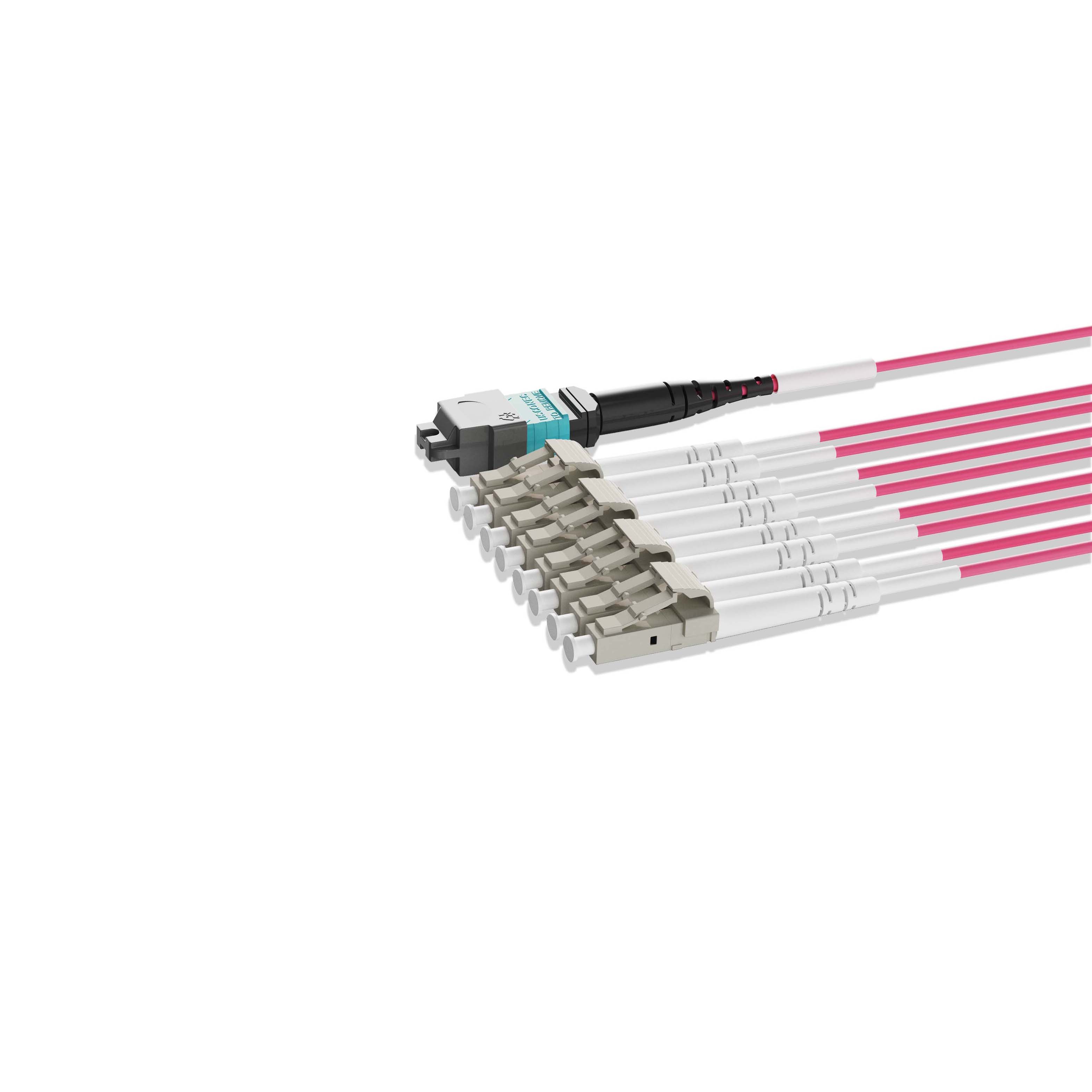 1m 3ft MPO Breakout Harness 8 Fibers MPO-8 UPC Female to 4xLC UPC Duplex Multimode OM4 Plenum OFNP 0.35dB Max Type B Magenta
