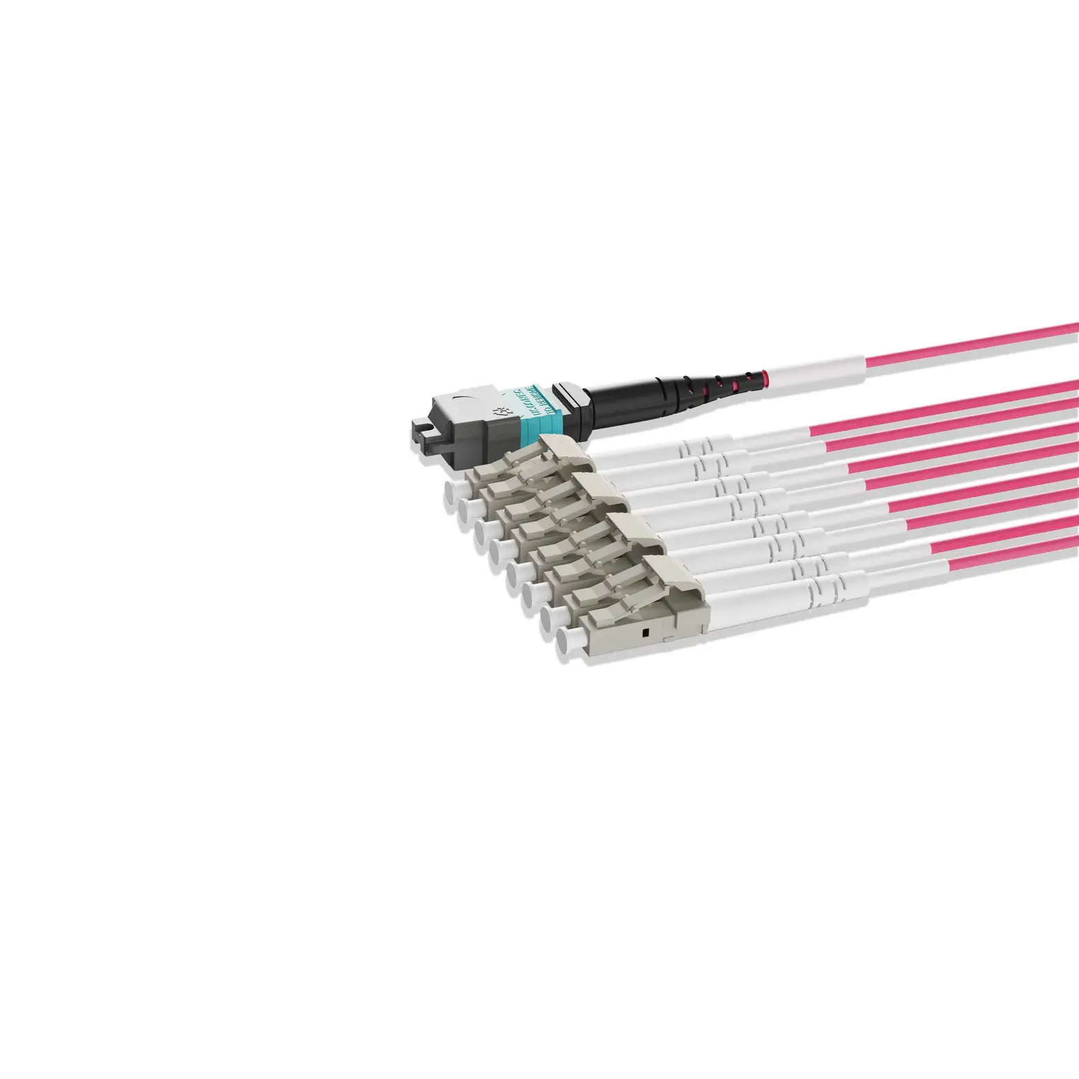 4m 13ft MPO Breakout Harness 8 Fibers MPO-8 UPC Female to 4xLC UPC Duplex Multimode OM4 Plenum OFNP 0.35dB Max Type B Magenta