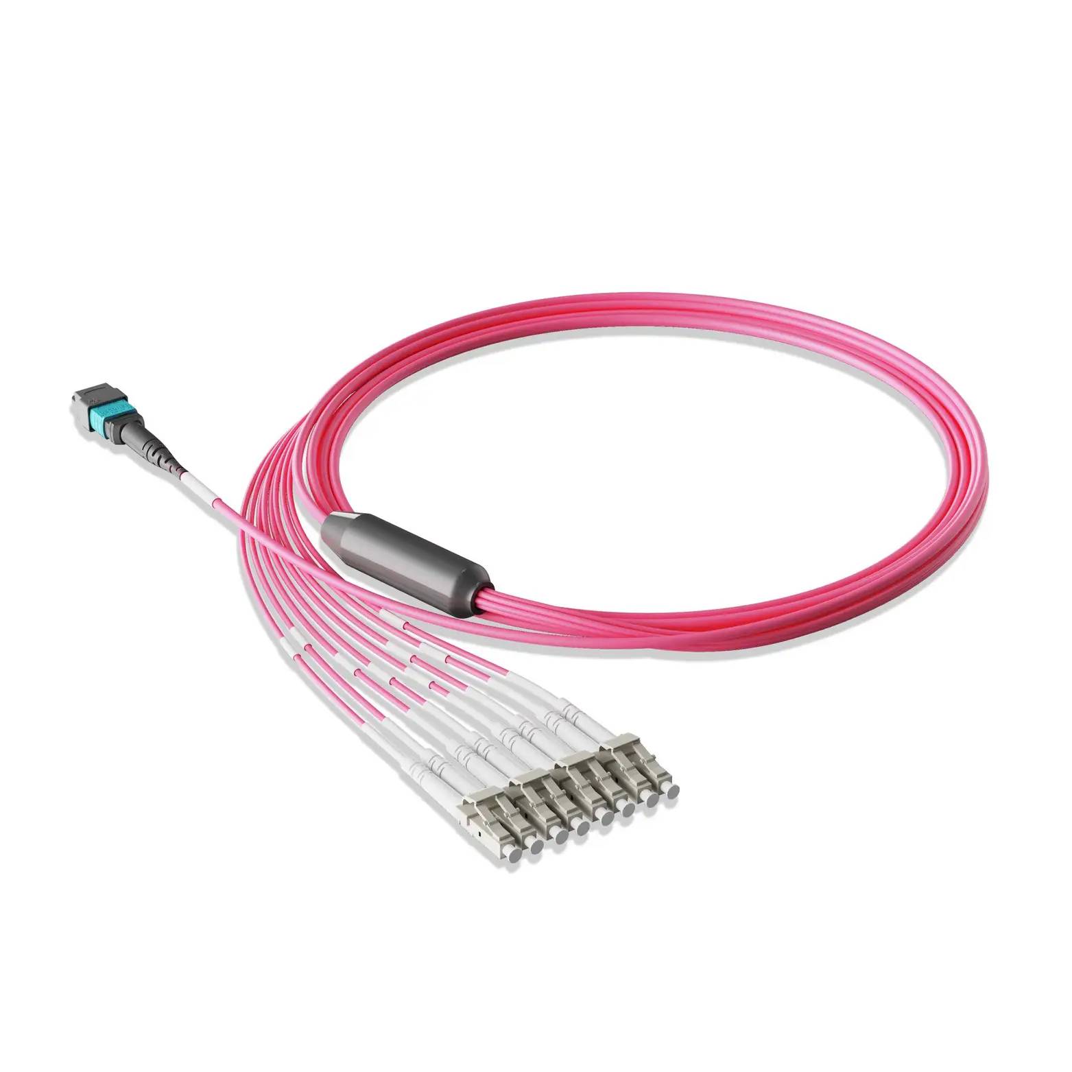 2m 7ft MPO Breakout Harness 8 Fibers MPO-8 UPC Female to 4xLC UPC Duplex Multimode OM4 Plenum OFNP 0.35dB Max Type B Magenta